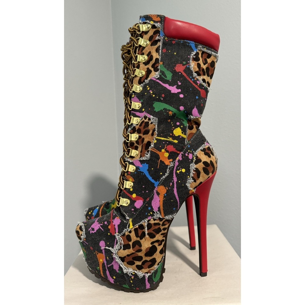 Alba Womens Printed D-Ring Lace Up Stiletto Pointy Mid Calf Platform Booties 7 - Picture 3 of 10